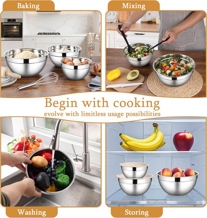 LIANYU Mixing Bowls with Lids Set of 3, Large & Small Stainless Steel Nesting Metal Bowls for Kitchen Storage, Dishwasher Safe, Size 1.5QT & 3QT & 4.6QT, Black