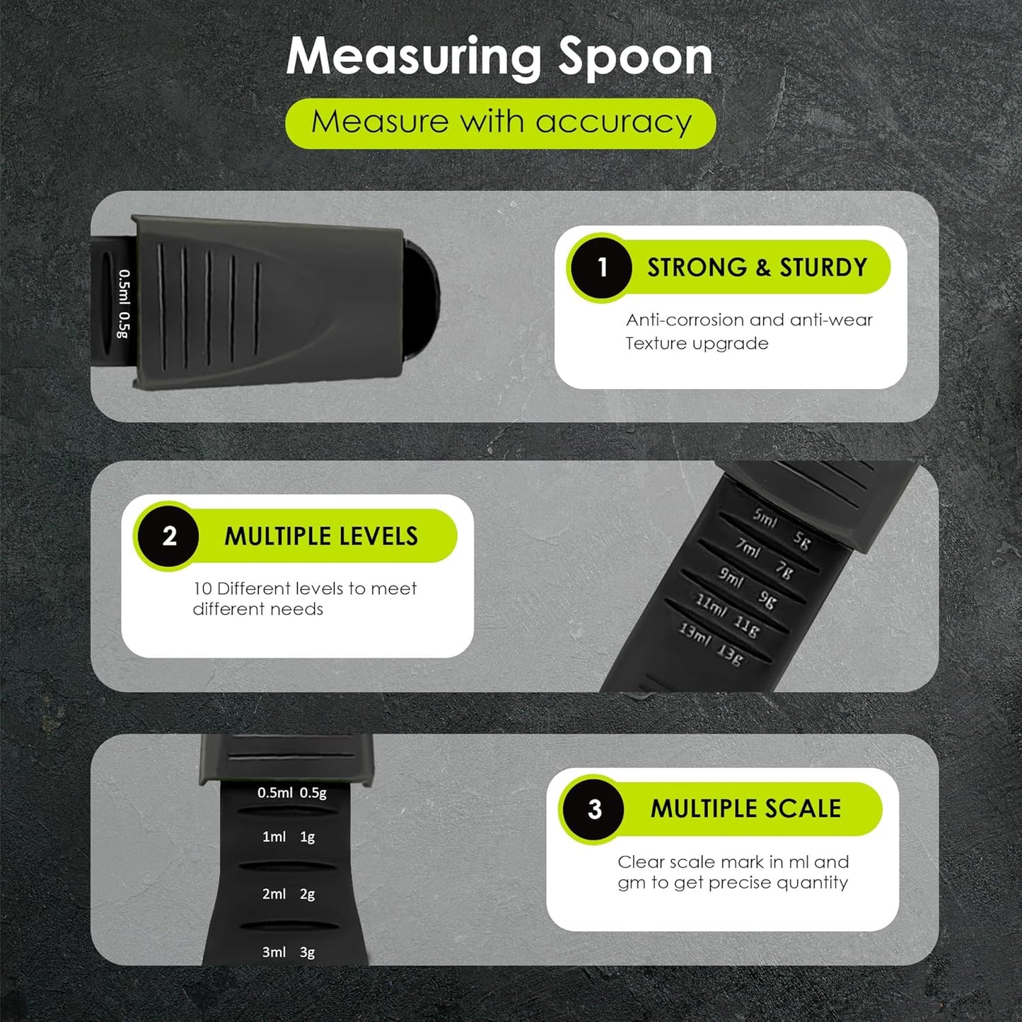 GOCHA Double-Ended Adjustable Measuring Spoon - 9-in-1 Kitchen Tool with Precision Scales (0.5-13ml/g) - Space-Saving Design for Dry & Liquid Ingredients (Black Green)