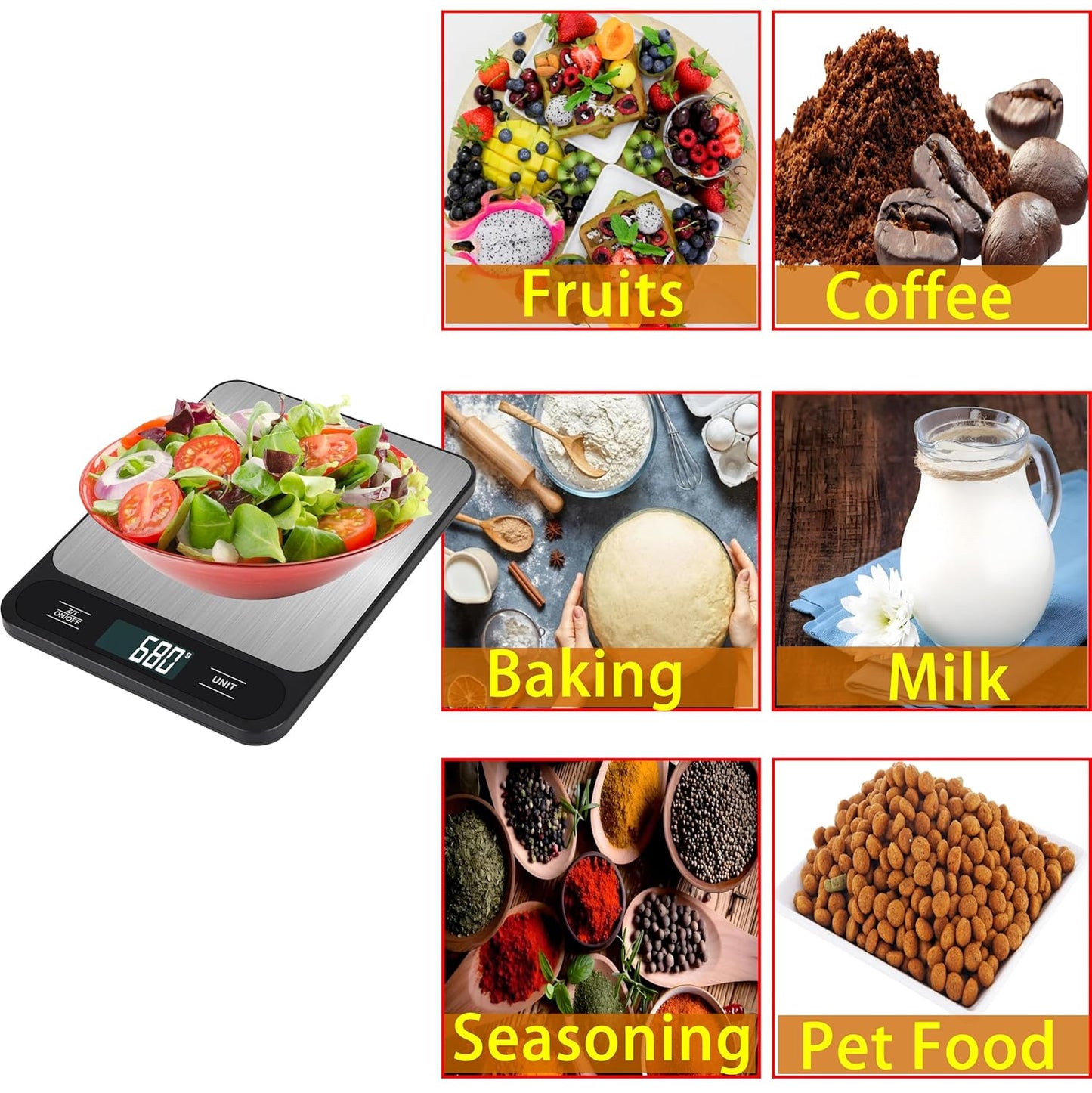 33lb/15kg USB Rechargeable Digital Kitchen Scale, Food Scale, LCD Display, High Capacity Weight Grams and Ounces for Baking Cooking and Meal Prep, 6 Units with Tare Function