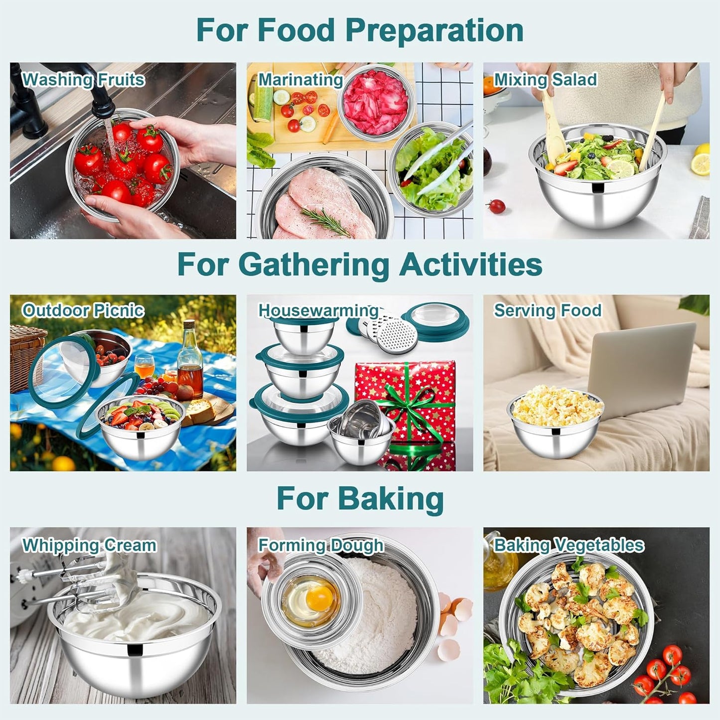 E-far Mixing Bowls Set of 5, Stainless Steel Salad Mixing Bowl with Transparent Lid, Metal Nesting Bowl Attach with 3 Graters for Kitchen Prepping/Serving/Baking/Storage, 4.6/2.6/1.5/1/0.7 QT - Khaki