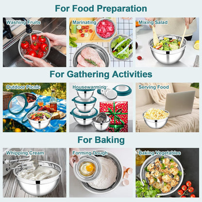 E-far Mixing Bowls Set of 5, Stainless Steel Salad Mixing Bowl with Transparent Lid, Metal Nesting Bowl Attach with 3 Graters for Kitchen Prepping/Serving/Baking/Storage, 4.6/2.6/1.5/1/0.7 QT - Khaki