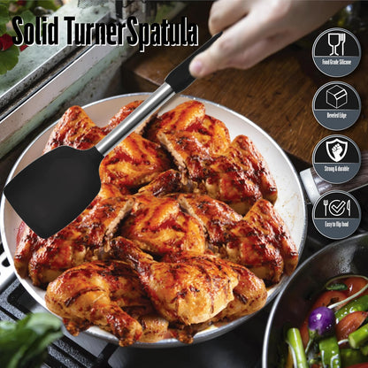 Silicone Spatula Set (2-Pc) - 600°F Heat Resistant, BPA Free, Non-Scratch, Dishwasher Safe I Slotted & Solid Kitchen Spatula Turners I Ideal for Eggs, Pancakes, Fish I Stainless Steel I Gray