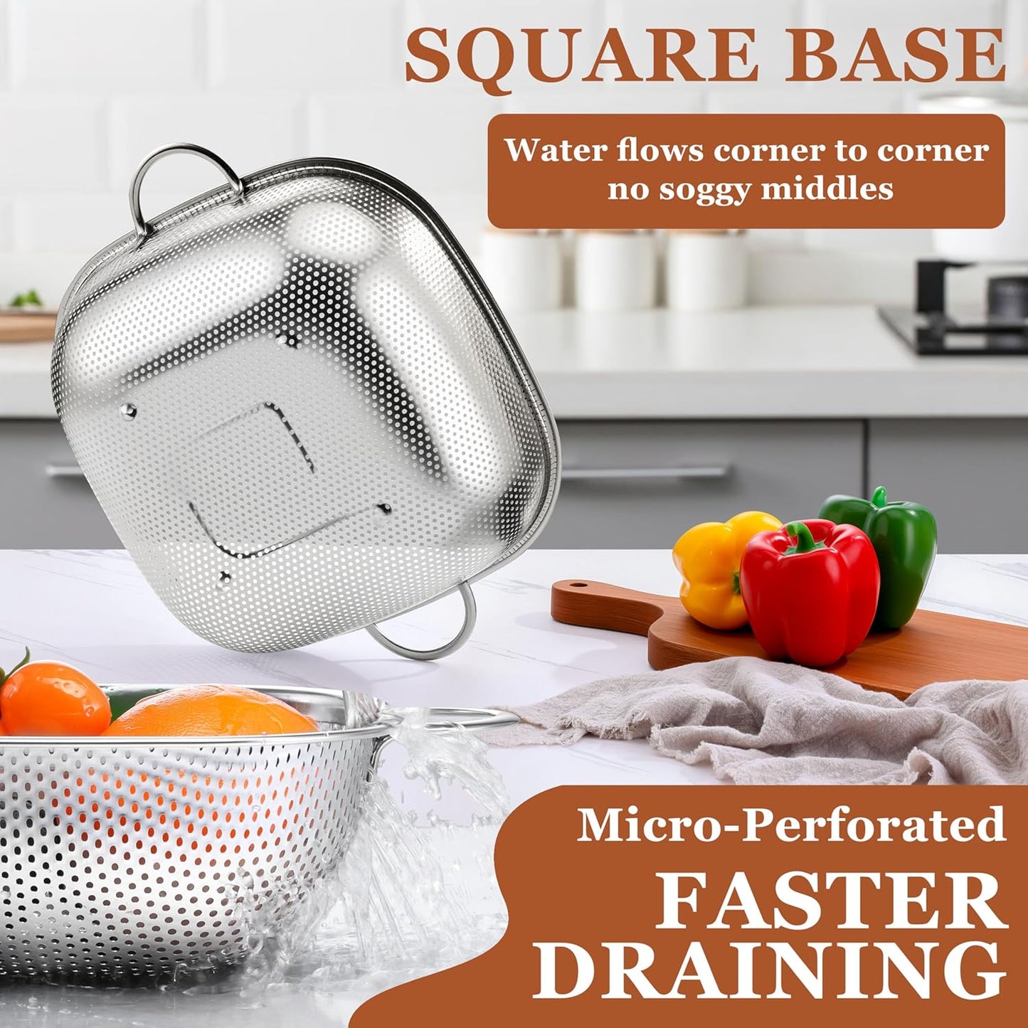 E-far 3 Pack Colander for Kitchen, Square Stainless Steel Metal Strainer Colander with Handle for Draining Food Pasta Vegetable, Micro-Perforated & Elevated Feet, Dishwasher Safe(2.4/4/6QT)