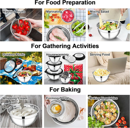 E-far Mixing Bowls Set of 5, Stainless Steel Salad Mixing Bowl with Transparent Lid, Metal Nesting Bowl Attach with 3 Graters for Kitchen Prepping/Serving/Baking/Storage, 4.6/2.6/1.5/1/0.7 QT - Khaki