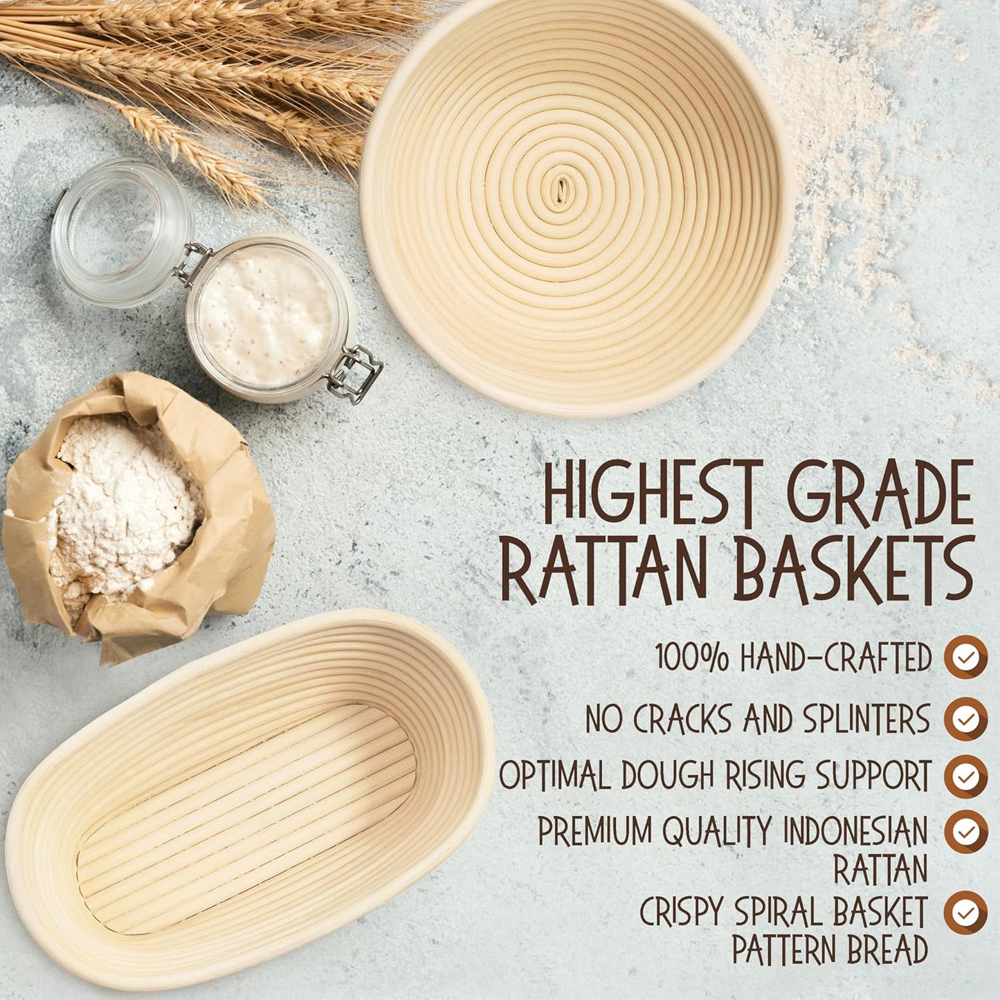 Superbaking Sourdough Starter Kit, 9" Round Banneton Bread Proofing Basket Set, Sourdough Bread Baking Supplies, Sourdough Tools with Silicone Bread Sling, Bread Making Tools, Baking Gifts