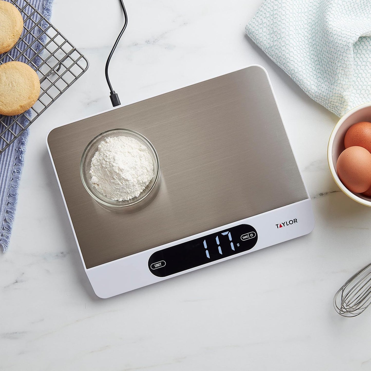 Taylor 22LB High Capacity Kitchen Food Scale with Stainless Steel Surface, Backlit Display, and USB Recharging Cord Included, White