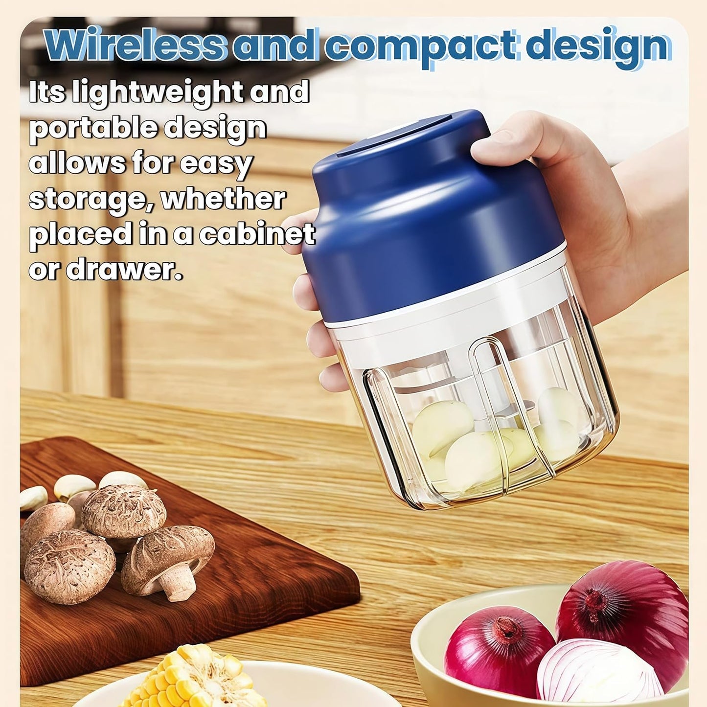 2026 Upgrade Electric Garlic Chopper Mini, 320 ml Small Garlic Chopper Mincer with 6 Stainless Steel Blades, Portable Rechargeable Cordless Chopper for Onion,Chili,Ginger,Nuts,Meat & Fruits (Blue)