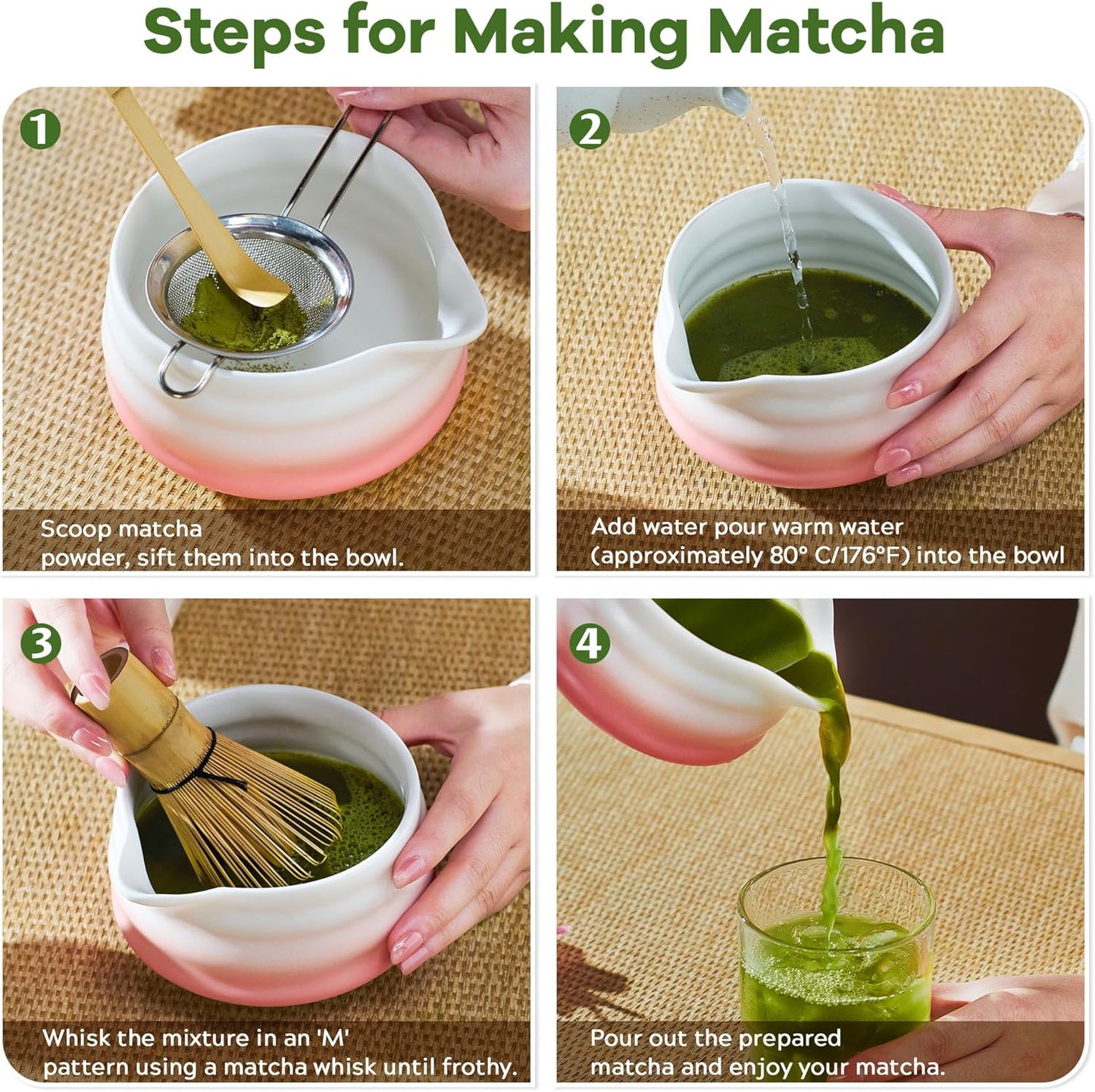 Matcha Whisk Set with Tea Caddy, Pink 8 Pcs Matcha Kit Includes Bowl with Spout, Whisk & Holder, Ceramic Tea Caddy, Bamboo Scoop & Rest, Sifter, Tea Towel, Gift for Tea Lovers