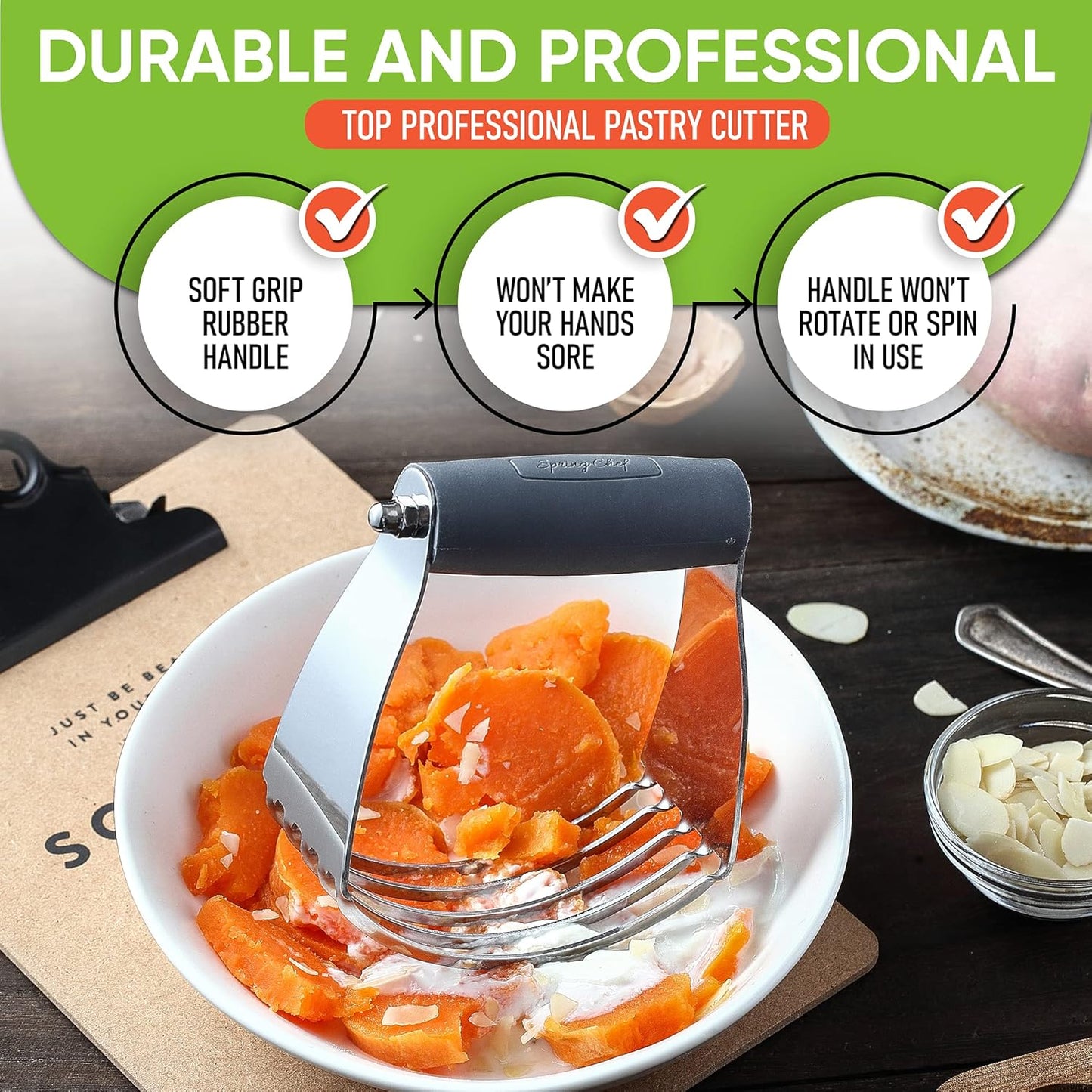 Spring Chef Dough Blender, Top Professional Pastry Cutter with Heavy Duty Stainless Steel Blades, Medium Size, Black