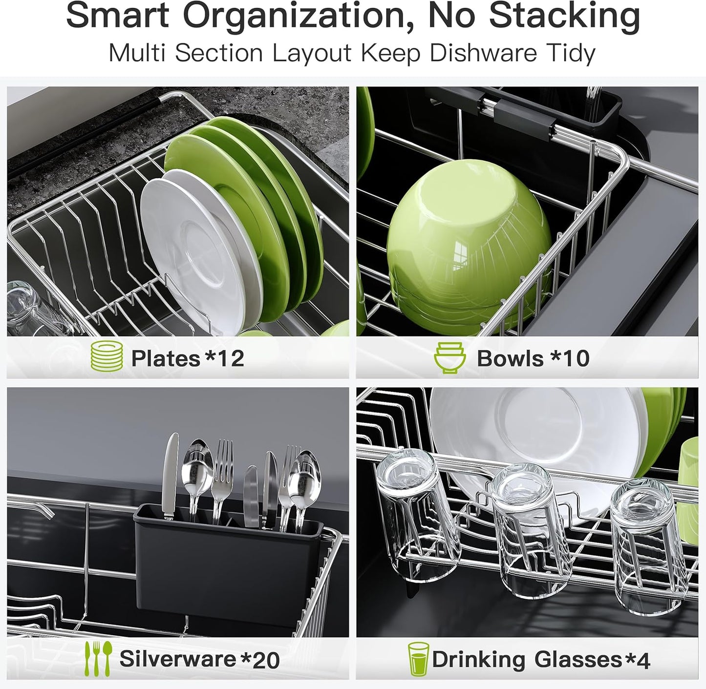 JASIWAY Roll Up Dish Drying Rack, Expandable (12.8"-23.8" D x 12.8" W) Stainless Steel Portable Drainer for Kitchen Sink Counter, Foldable Over The Sink Cover with Removable Utensil Holder