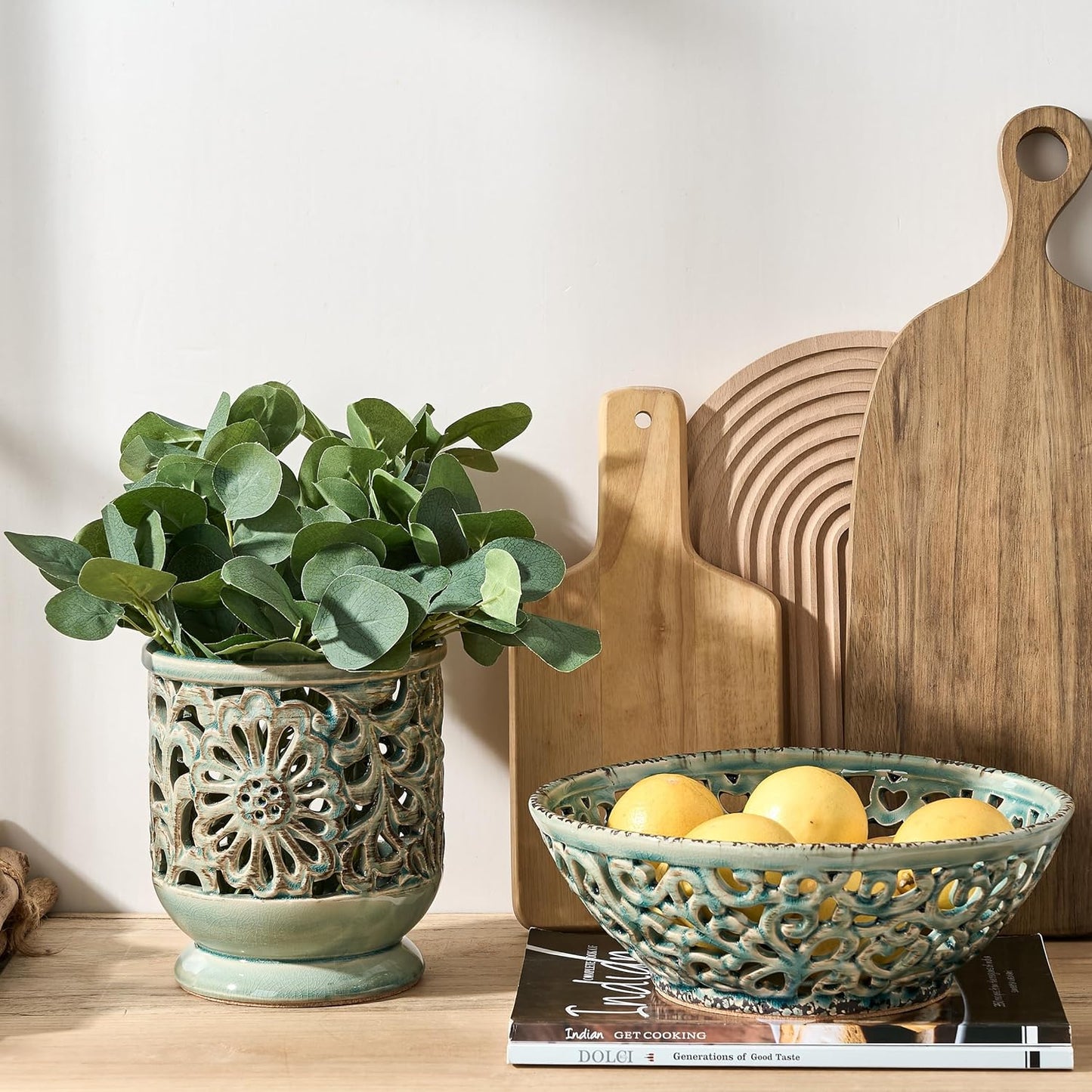 SIDUCAL Ceramic Fruit Bowl for Kitchen Counter,Decorative Fruit Basket with Holes, 10.43" Large Hollow Out Fruit Vegetable Holder Bowl for Table Decor, Gray