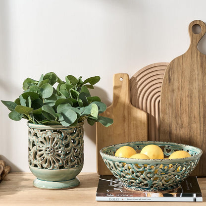 SIDUCAL Ceramic Fruit Bowl for Kitchen Counter,Decorative Fruit Basket with Holes, 10.43" Large Hollow Out Fruit Vegetable Holder Bowl for Table Decor, Gray