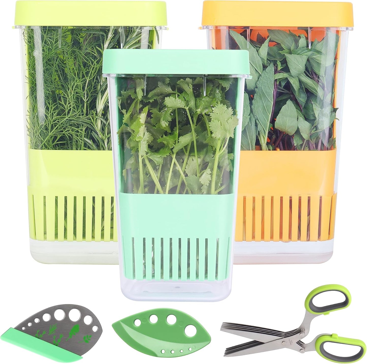 LUVCOSY Herb Keeper Set: 3 Pack Herb Saver+1 Pack Herb Scissors+2 Pack Herb Stripper, BPA-Free Plastic Herb Container for Cilantro, Mint & Asparagus, Keeps Fresh Herbs for 3 Times Longer