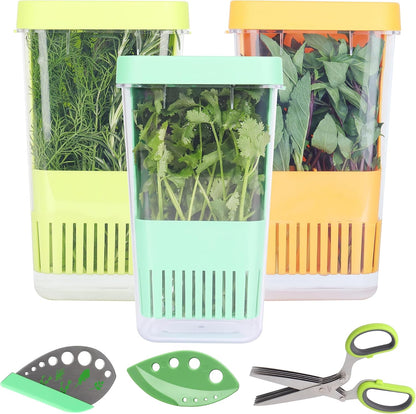LUVCOSY Herb Keeper Set: 3 Pack Herb Saver+1 Pack Herb Scissors+2 Pack Herb Stripper, BPA-Free Plastic Herb Container for Cilantro, Mint & Asparagus, Keeps Fresh Herbs for 3 Times Longer