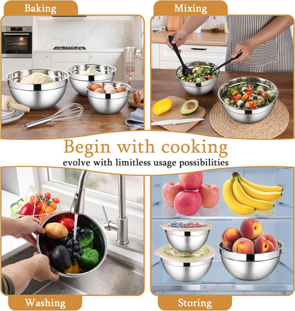 LIANYU Mixing Bowls with Lids Set of 3, Large & Small Stainless Steel Nesting Metal Bowls for Kitchen Storage, Dishwasher Safe, Size 1.5QT & 3QT & 4.6QT, Black