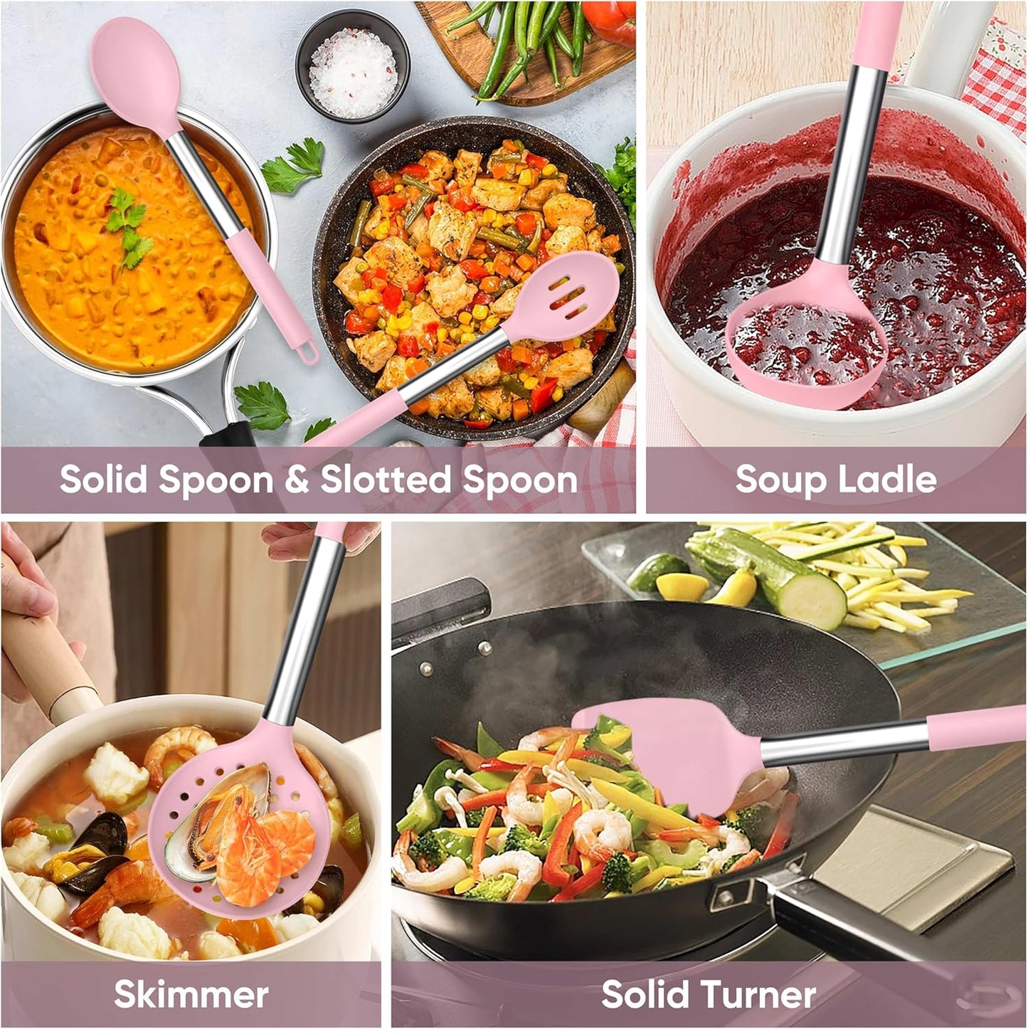 TeamFar Kitchen Utensils Set of 8, Silicone Utensils Kitchen Tools Set with Stainless Steel Handle, for Frying Serving Flipping Draining, Non-toxic & Heatproof, Nonstick & Dishwasher Safe - Black