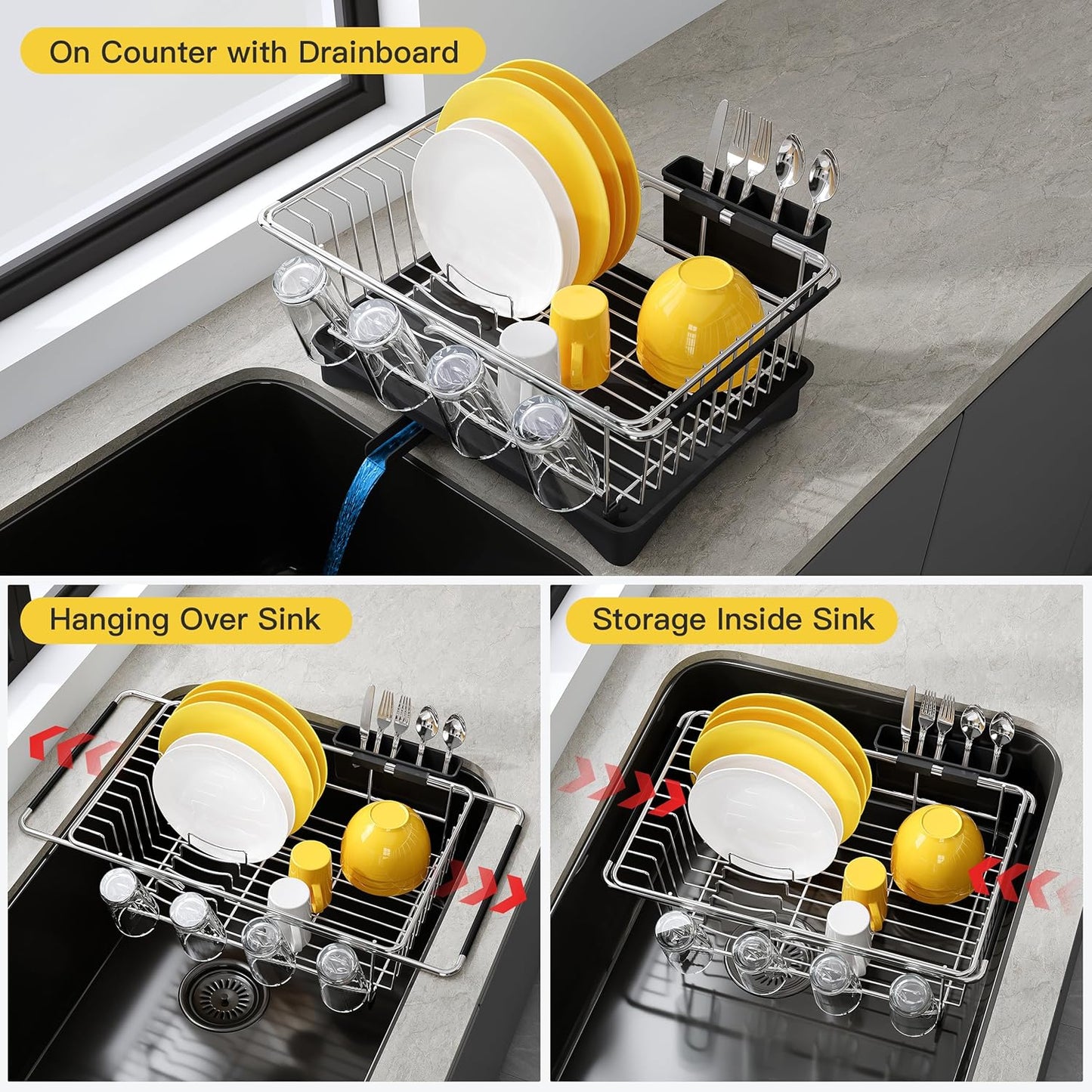 JASIWAY Roll Up Dish Drying Rack, Expandable (12.8"-23.8" D x 12.8" W) Stainless Steel Portable Drainer for Kitchen Sink Counter, Foldable Over The Sink Cover with Removable Utensil Holder