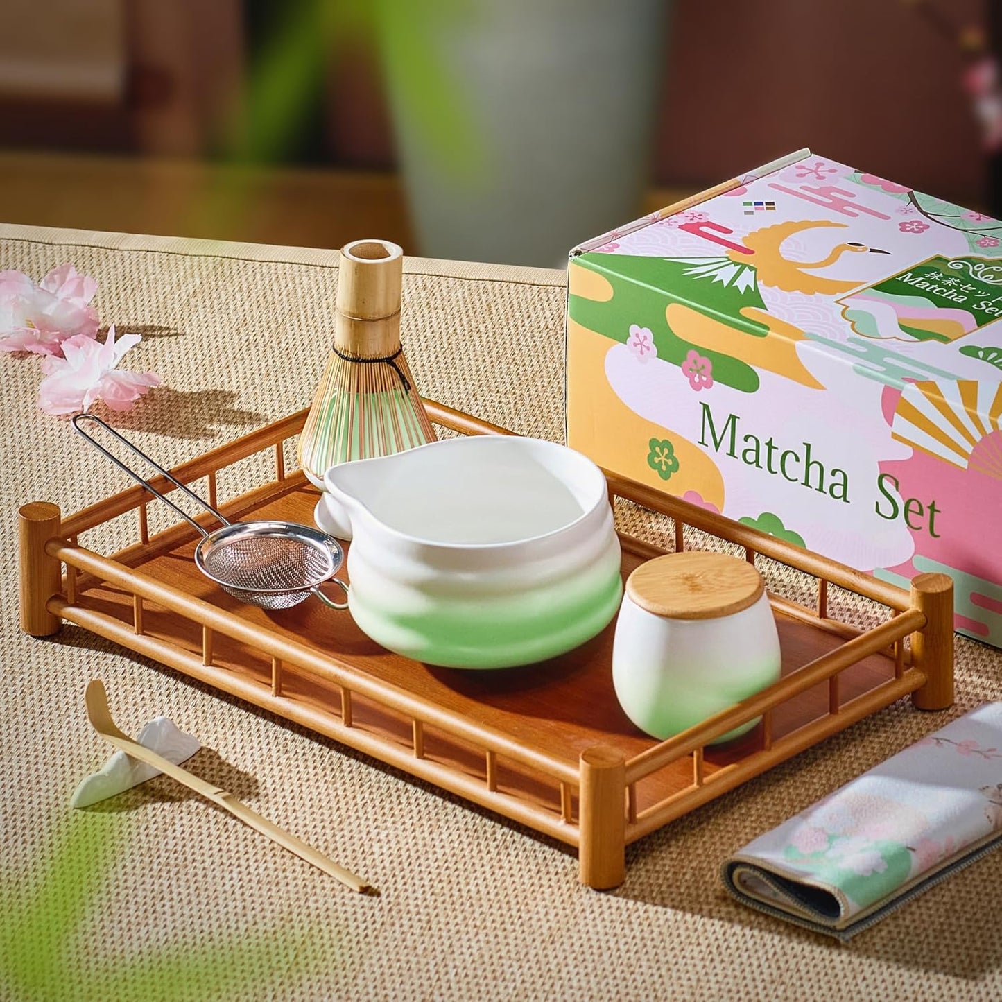 Matcha Whisk Set with Tea Caddy, Pink 8 Pcs Matcha Kit Includes Bowl with Spout, Whisk & Holder, Ceramic Tea Caddy, Bamboo Scoop & Rest, Sifter, Tea Towel, Gift for Tea Lovers