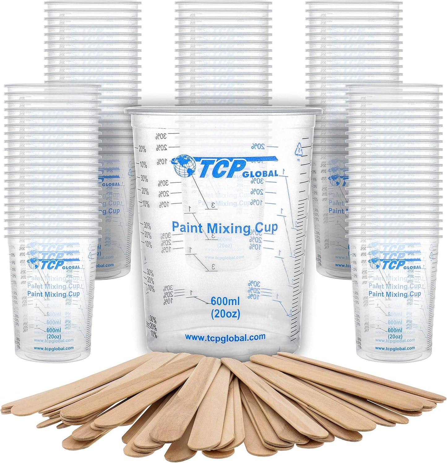 TCP Global 20 oz. (600ml) Graduated Plastic Mixing Cups - Box of 25 - Disposable Plastic Measuring Cups for Liquids, Paints, Resin, Epoxy, Art, Kitchen - Ratios 2-1, 3-1, 4-1 ML