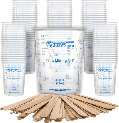 TCP Global 20 oz. (600ml) Graduated Plastic Mixing Cups - Box of 25 - Disposable Plastic Measuring Cups for Liquids, Paints, Resin, Epoxy, Art, Kitchen - Ratios 2-1, 3-1, 4-1 ML