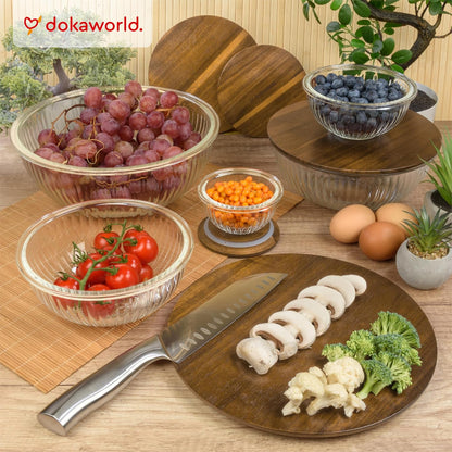 Set of 5 Nesting Glass Bowls with New Updated Acacia Lids for Foodprep, Storage, Mixing & Cooking - Microwave & Oven-ready BPA Free Durable Heat Resistant Inert Borosilicate Glass