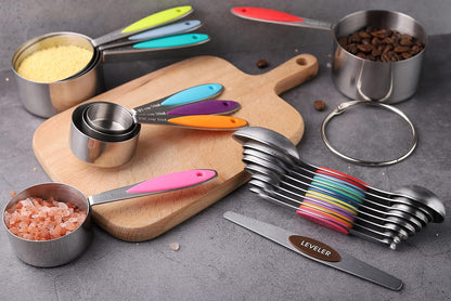 Measuring Cups and Spoons Set Stainless Steel Includes 8 Heavy Duty Measuring Cups 8 Double Sided Magnetic Measuring Spoons and 1 Leveler for Dry and Liquid Ingredients
