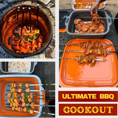 Collapsible Large (8L) BBQ Marinating Tub w/ Cutting Board | Multipurpose Food-Grade TPE Prep Tub w/ Lid | Built-In Colander & Drain Plug - For Camping | Tailgate | Picnic - Slate Black
