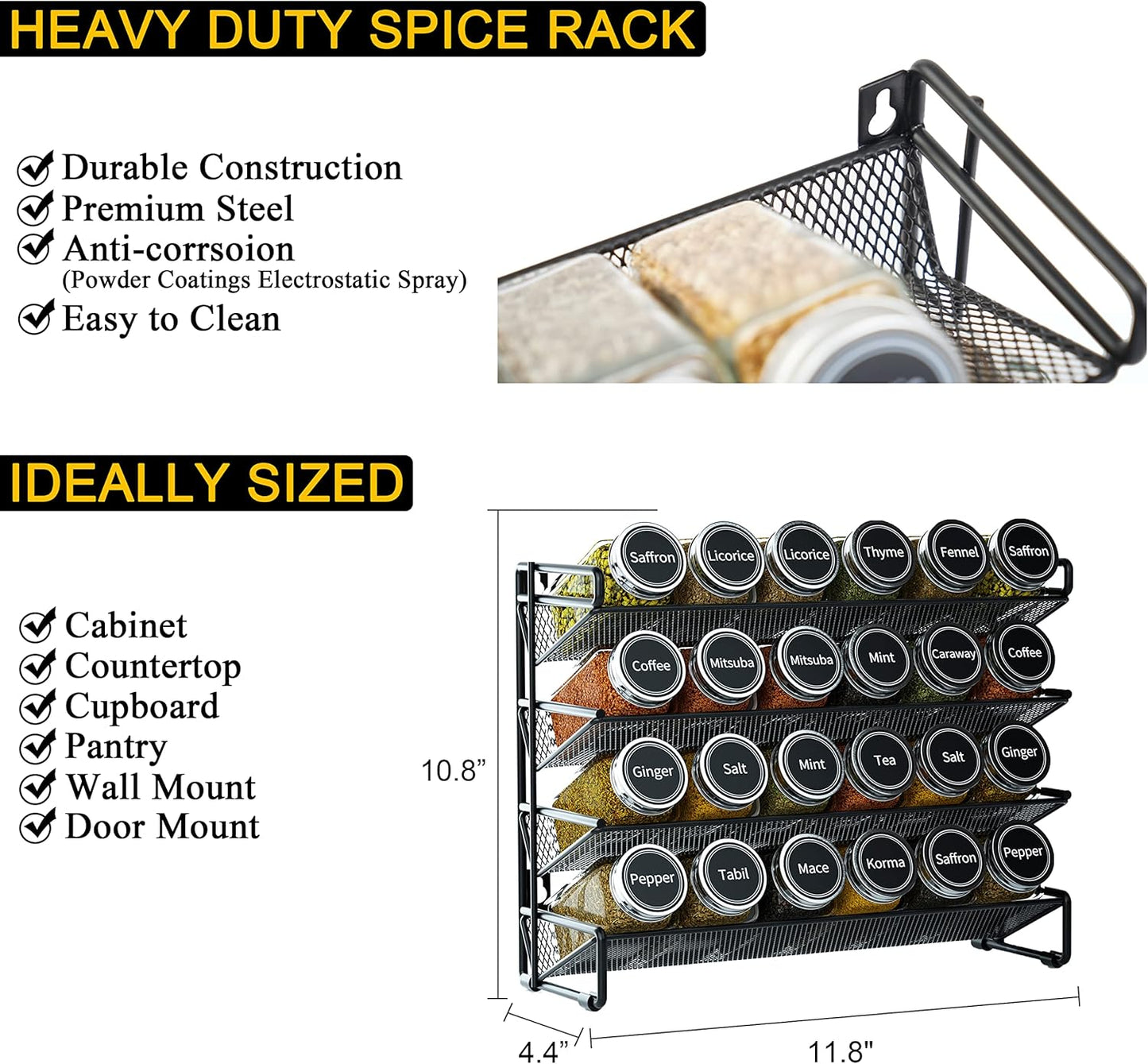 SpaceAid Spice Rack Organizer with 32 Spice Jars, 386 Spice Labels, Chalk Marker and Funnel Set for Cabinet, Countertop, Pantry, Cupboard or Door & Wall Mount - 32 Jars, 15.3" W × 10.8" H, Black