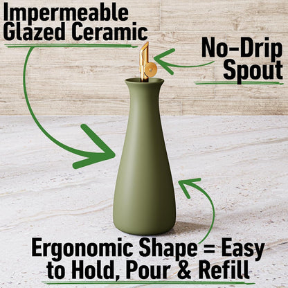 HB Design Co. Ceramic Olive Oil Dispenser with Self-Closing Gold Spout - 530 ML Capacity Matte White Ceramic Oil Dispenser for Kitchen - Leak Proof EVOO Dispensing Bottle