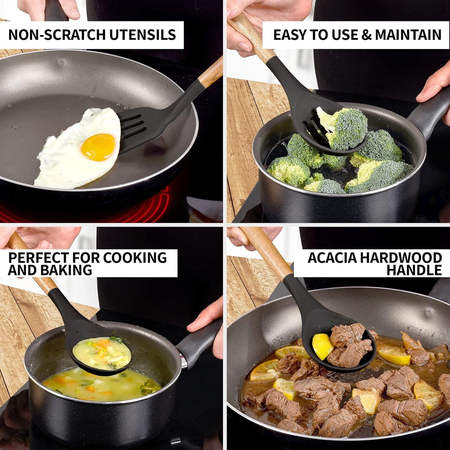 Zulay Kitchen Utensils Set Non-Stick Silicone Cooking Utensils Set with Authentic Acacia Wood Handles - 5 Piece Silicone Utensil Set - Kitchen Utensils Set with 464°F Heat Resistance - Gray