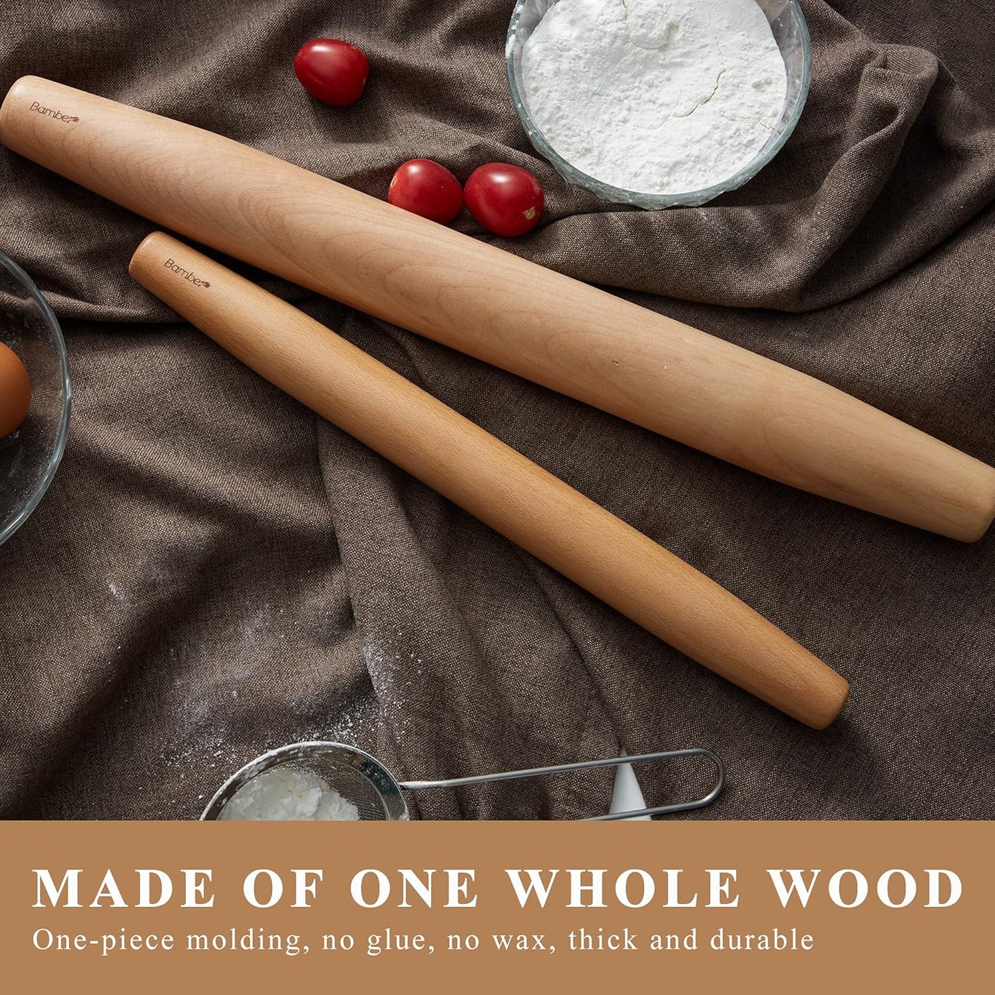 Bamber Wood Rolling Pin for Baking Wooden Rolling Dowel Stick Dough Roller for Cookie Dumpling Pastry Pizza Tortilla, 15'' by 1.5''