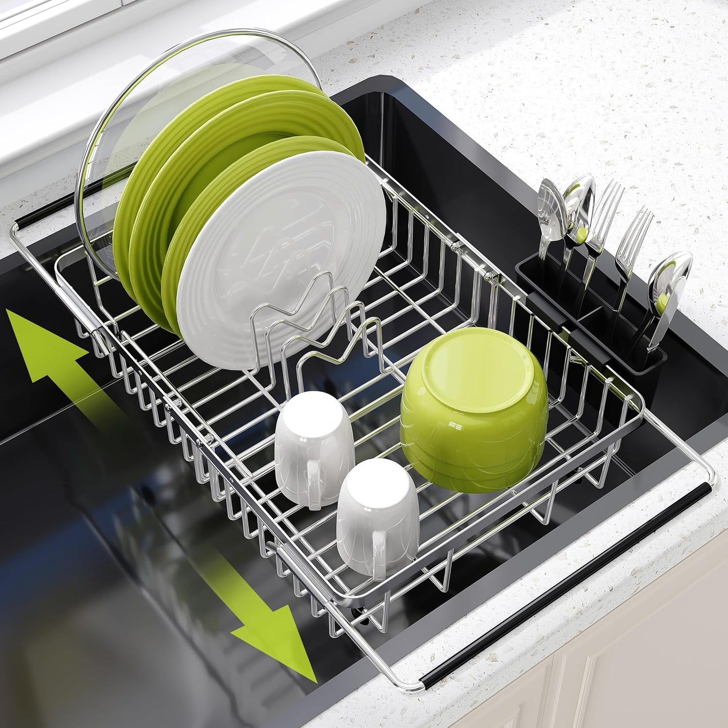 JASIWAY Roll Up Dish Drying Rack, Expandable (12.8"-23.8" D x 12.8" W) Stainless Steel Portable Drainer for Kitchen Sink Counter, Foldable Over The Sink Cover with Removable Utensil Holder