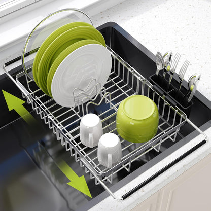 JASIWAY Roll Up Dish Drying Rack, Expandable (12.8"-23.8" D x 12.8" W) Stainless Steel Portable Drainer for Kitchen Sink Counter, Foldable Over The Sink Cover with Removable Utensil Holder