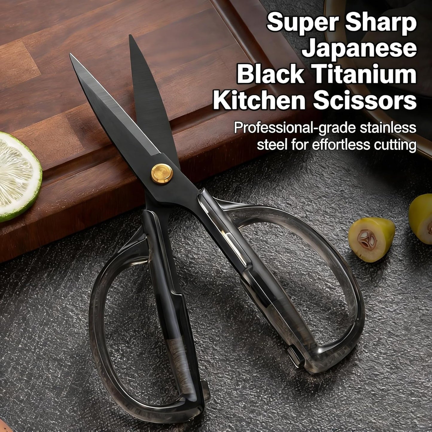 Kitchen Shears Scissors, ARCHIKING 7.7inch Gold Titanium Plated Scissor-Meat and Poultry Shears, Dishwasher Safe, Acrylic Handel All Purpose Stainless Steel Utility Scissor - Diamond Clear