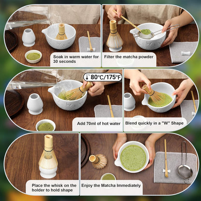 Matcha Whisk Set 7 PCS Matcha Bowl, Matcha Whisk and Holder, Bamboo Scoop and Scoop Rest, Stainless Sifter and Tea Towel Ceramic Matcha Set Japanese Matcha Kit for Matcha Lovers Pink