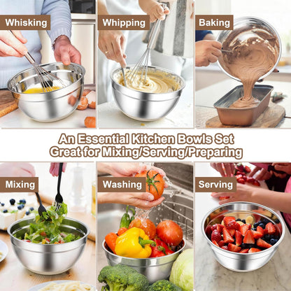 TeamFar Mixing Bowls, Black Mixing Bowls with Lids Set, Stainless Steel Nesting Salad Bowl with Air-tight Lid & Silicone Bottom, Non Slip & Stackable - Set of 6-4.6/2.6/2 / 1.5/1 / 0.7 Qt