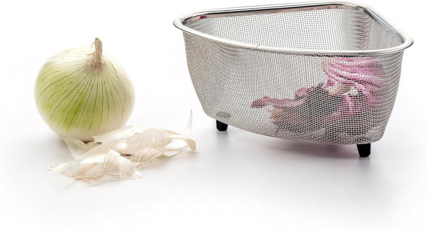 RSVP International Endurance® In-Sink Mesh Colander Strainer Basket, 3 Quart | Organize Sponges, Collect Food Scraps | Dishwasher Safe | Small Corner Basket | Steaming, Draining & Rinsing