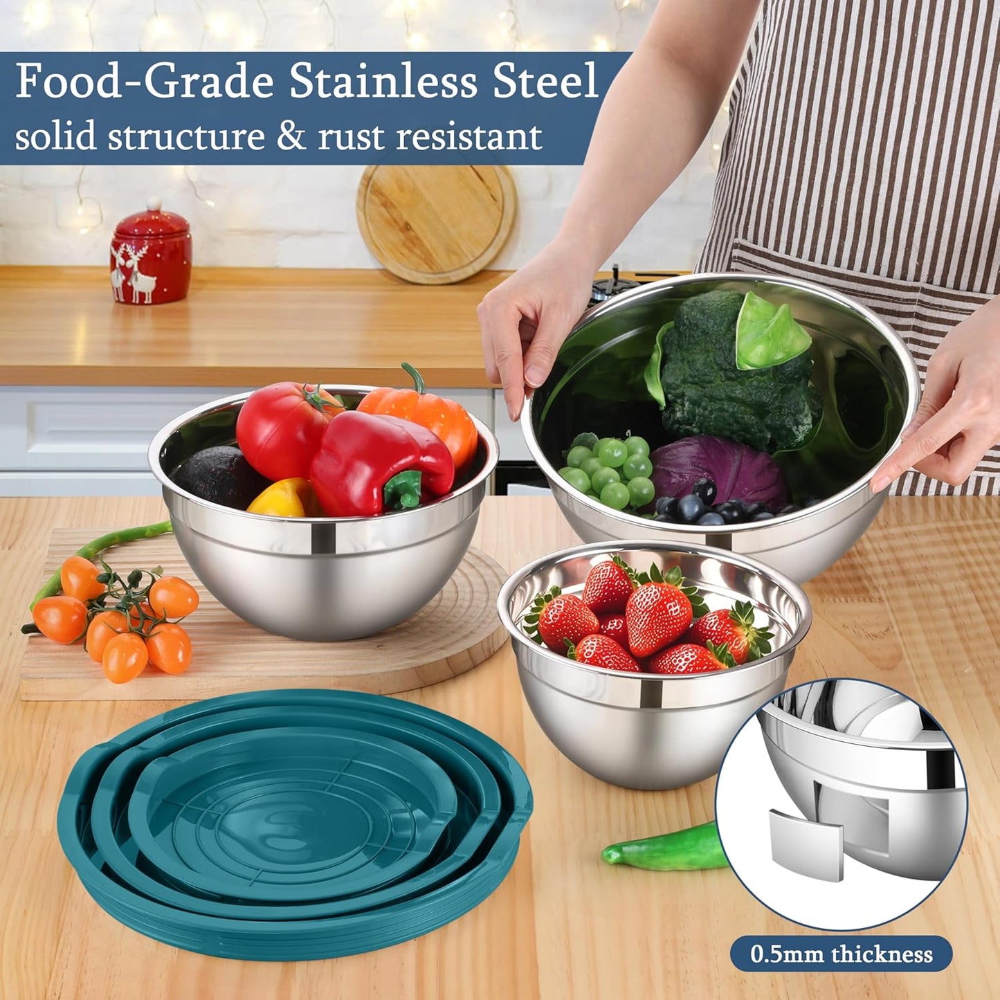 LIANYU Mixing Bowls with Lids Set of 3, Large & Small Stainless Steel Nesting Metal Bowls for Kitchen Storage, Dishwasher Safe, Size 1.5QT & 3QT & 4.6QT, Black