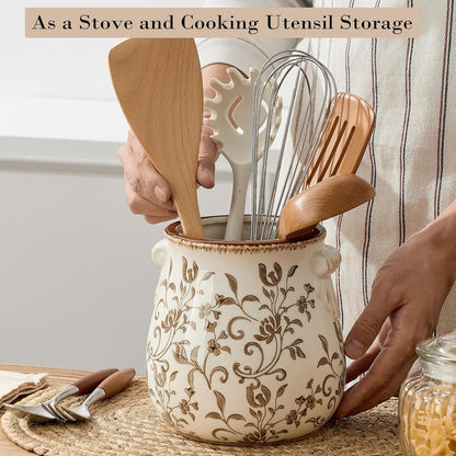 Utensil Holder for Kitchen Counter, Modern Farmhouse Rustic Cooking Utensil Holder and Crock, Exquisite Chinoiserie Floral Ceramic Utensil Organizer for Home Kitchen Decor- Green and Beige
