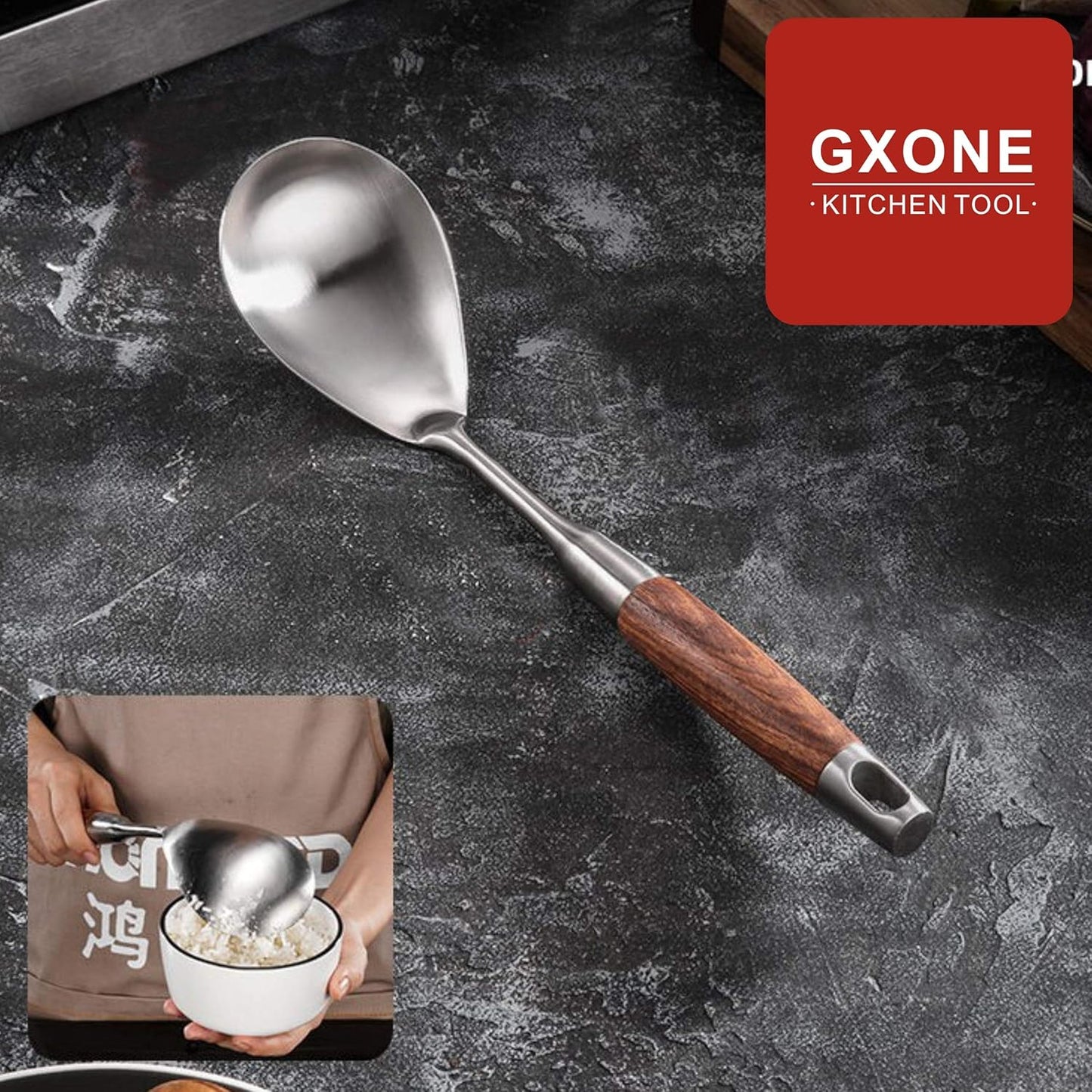 Slotted Spoon,304 Stainless Steel Skimmer Spoon with Heat Resistant Wooden Handle,Silver/15.8Inch