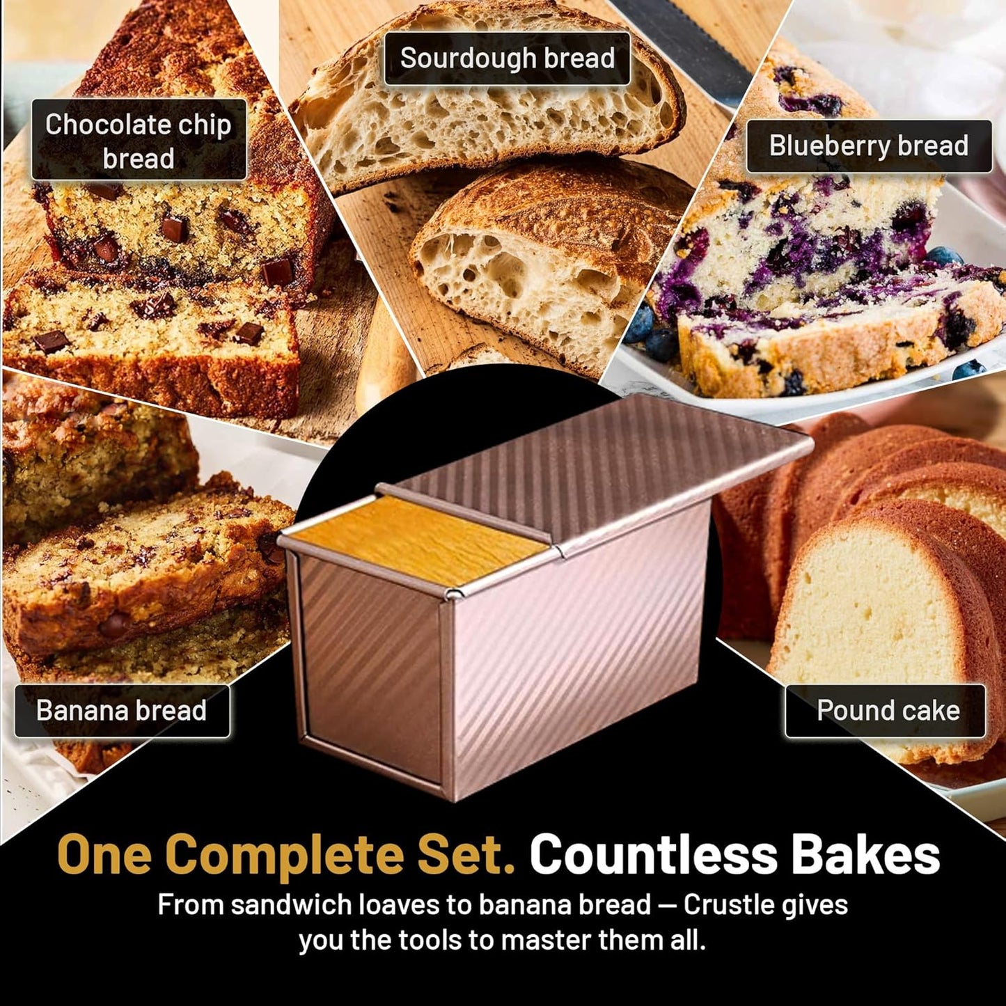 5-Pack Pullman loaf pan with Lid – Sourdough Loaf Pan Set, Includes Dough Scraper, Whisk, Silicone Cleaning Brush & Bread Cutter – Long Loaf Pan with Lid for Homemade Loaf