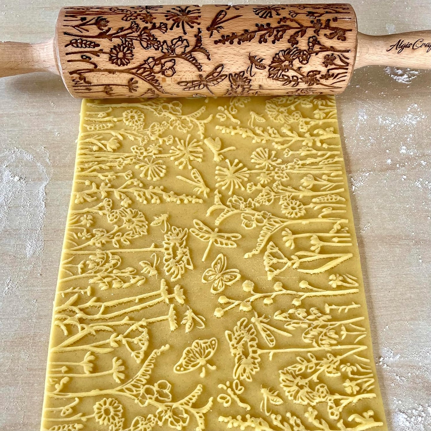 FLOWERING VINE Embossing Rolling Pin. Laser Engraved Dough Roller with Climbing Flowers Pattern for Embossed Cookies or Pottery by Algis Crafts