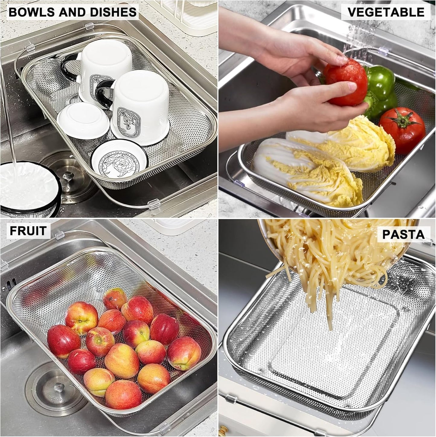 Adjustable Over Sink Colander, 14.2" to 17.4" Expandable Fine Mesh Food Strainer, Dishwasher Safe Drain Basket for Vegetables Fruit Pasta, Fits Small & Medium Kitchen Sinks