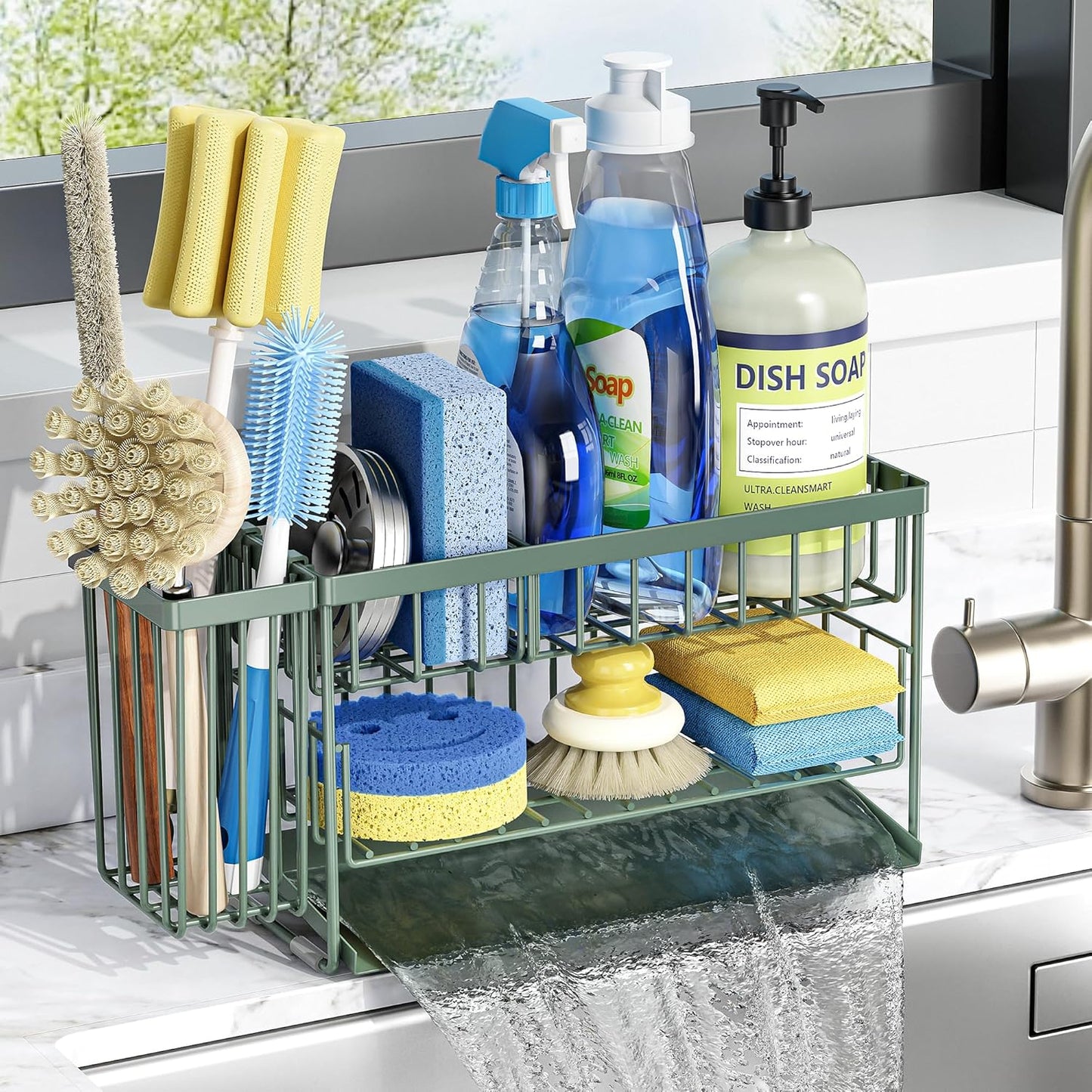 Cisily 2-Tier Kitchen Sink Caddy Organzier Rack with Flexible Dish Brush Holder, Sponge Holder for Kitchen Sink Countertop Organization Storage,Home Decor Accessories Essentials Stainless Steel
