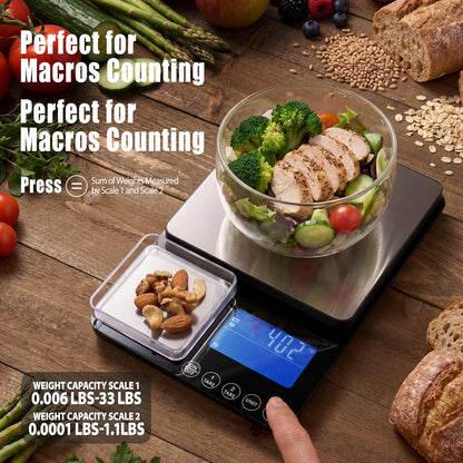 Dual Platform Kitchen Scale, Digital Food Scale with Dual Display, Two Scales in One for Heavy and Precise, 33lb/0.01g/0.001oz, Stainless Steel, 7 Units Tare, for Baking, Sourdough, Cooking