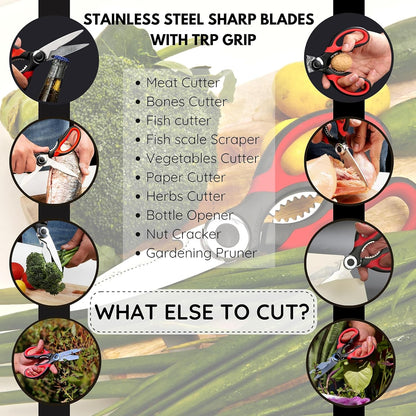 Kitchen Scissors Stainless Steel Sharp Blades with Cushioned Soft TPR Grip for Easy Handling – Heavy Duty Multipurpose Scissors for Meat, Chicken, Fish, Vegetables, & Herbs – Bottle Opener