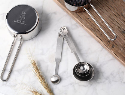 New Star Foodservice 42917 Stainless Steel Measuring Cups and Spoons Set, 8-Piece Metal Measuring Set for Baking, Cooking, Dry and Liquid Ingredients, Restaurant Grade, Silver