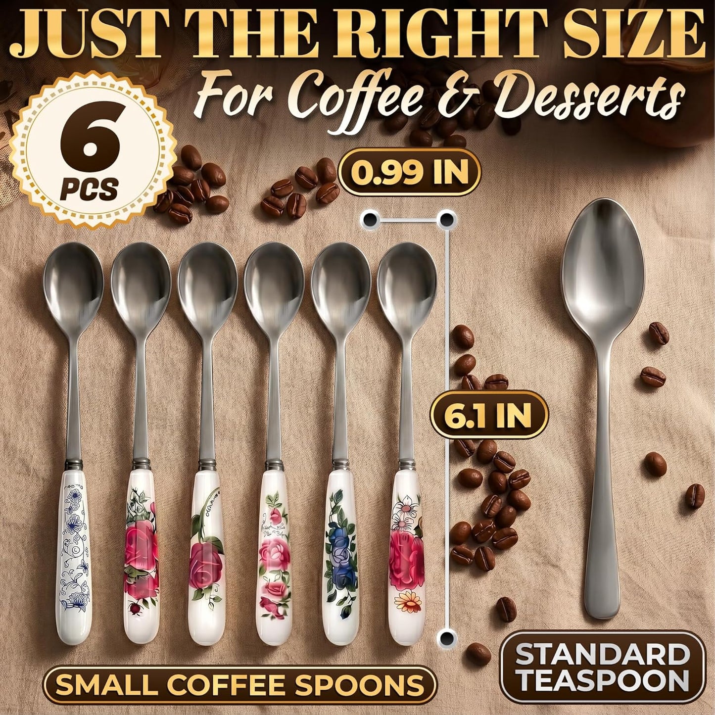 6 PCs Ceramic Handle Coffee Spoons Set – 6.1" Small Dessert Spoons with Floral Design – Stainless Steel Tea & Dessert Sugar Spoon for Coffee Bar, Espresso, Hot Drinks | Kitchen Gift Set for Women