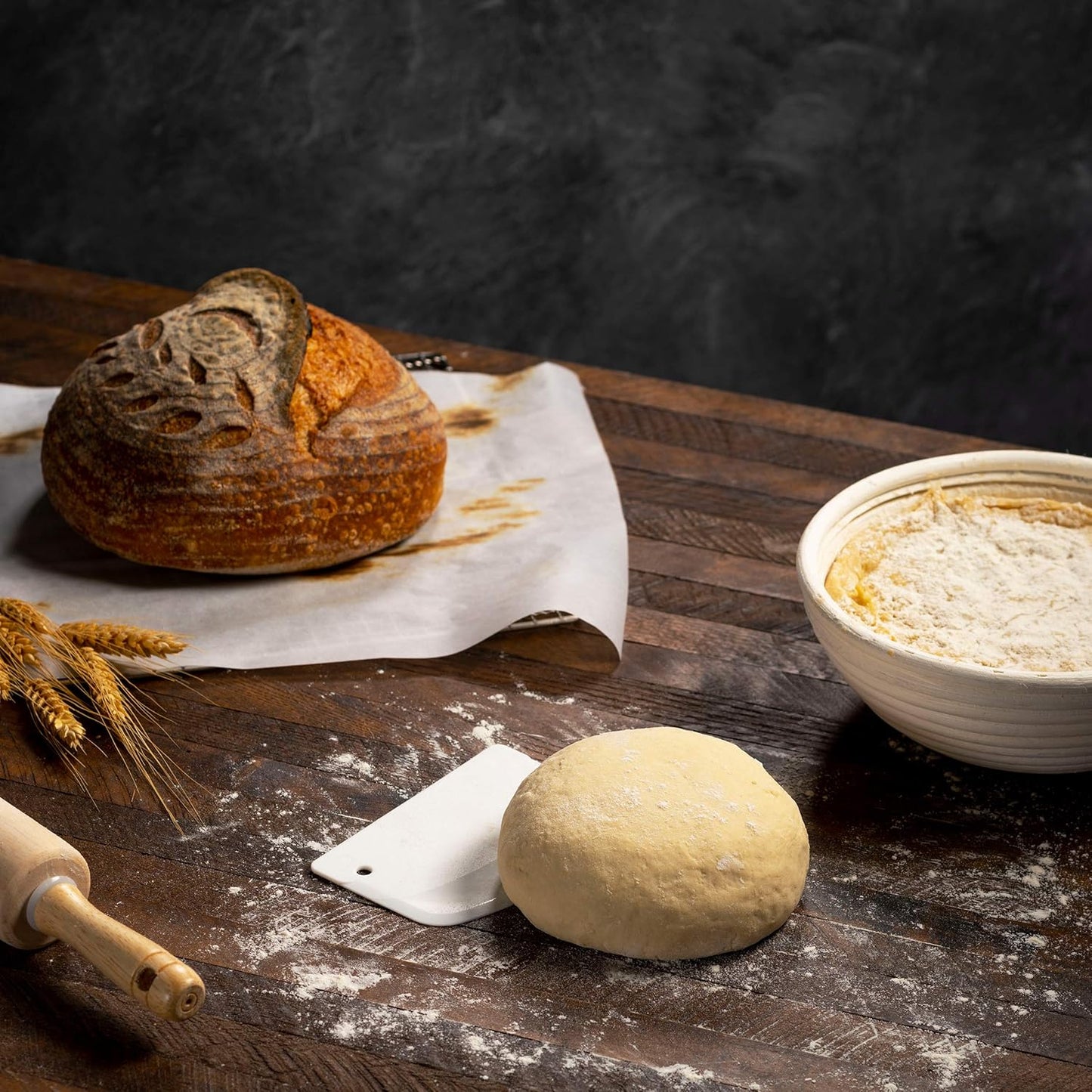 Swice Bread Proofing Basket, Round 9-Inch Banneton Sourdough Starter Kit with Lame, Dough Scraper, Linen Liner, and Basting Brush, Complete Bread Making Supplies and Tools