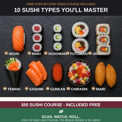 Albino monkey Sushi Making Kit with Pro Sashimi Knife – Roll 10+ Sushi Types – Sushi Bazooka, Bamboo + Dishwasher-Safe Mats, Nigiri Mold & Avocado Slicer Gift Box + Step-by-Step Video Guide